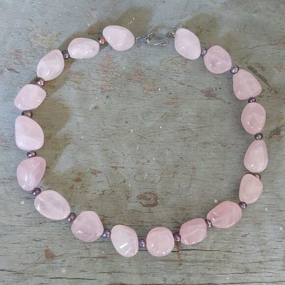 Y2K /New Pink Quartz & Genuine Gray Peacock Pearls Chunky Necklace 17" - Picture 2 of 4